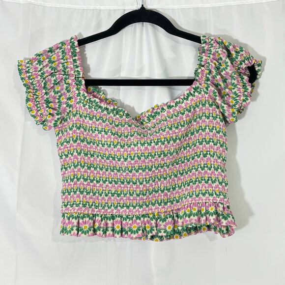 ZARA Women’s Pink-Green Floral Smocked Ruffle Top – Size XL – Boho Floral Blouse - Picture 4 of 6